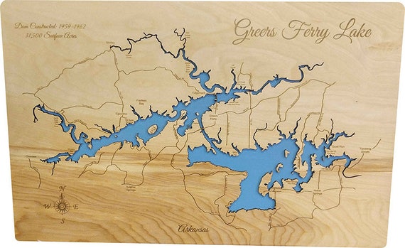 Wood Laser Cut Map of Greers Ferry Lake Arkansas