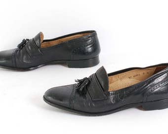 mens size 9 OXFORD black leather 80s FRINGE tassel toe slip on loafers