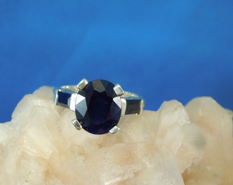 4.75 ct. Oval Dark Blue Sapphire and Baguette Ring Sterling Silver