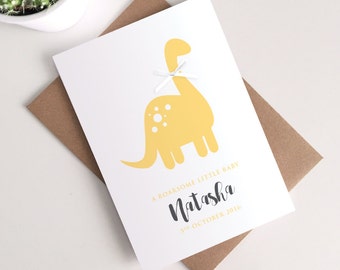 Personalised Gender Neutral New Baby Card - Cute Dinosaur Roarsome Yellow Ribbon Greetings Card