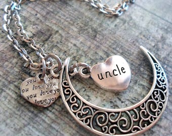 Uncle Filigree Crescent Moon Necklace with Love You Heart, Uncle Necklace, Special Uncle Gift, Uncle Birthday Gift, I Love My Uncle