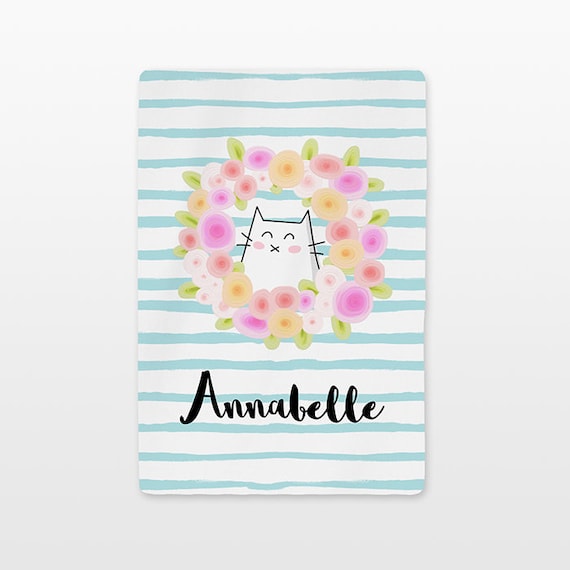 Cat Floral Personalized Baby Blanket Name Custom Gender Neutral Baby Boy Baby Girl Minky Fleece New Baby Gift Flower Wreath Striped Aqua