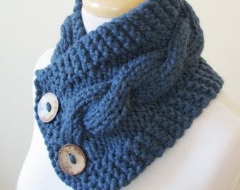 Knit Neck Warmer, Cable Knit Scarf, Chunky Warm Winter Scarf in Denim 6" x 25" Coconut Shell Buttons Ready to Ship - Gift for Her