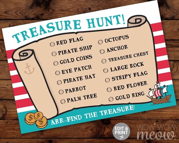 PIRATE Scavenger Hunt Treasure Map Stripe Party Check list