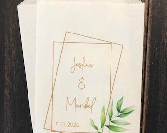 Tropical Geometric Wedding Favor bags, 25 Modern favor bags, Palm Leaf Greenery treat bags, Green and Gold Wedding, Personalized