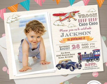 Transportation Birthday Invitation with PHOTO Retro Car Train Airplane Invitation Boys Automobiles Invite Vintage Vehicles Birthday Party