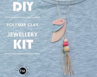 DIY Polymer Clay Jewellery Kit - Polymer clay leaf necklaces//Boho jewelry- Handmade - Blue + Beige + Red Hot Red