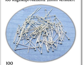 100 ball-Head riveting pins 20 mm silver plated
