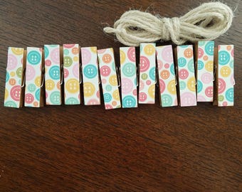 Mini Bright Buttons Clips w Natural Twine, Pic Display, Chunky Little Clothespins, Set of 12 Baby Shower Birthday Seamstress Clothesline