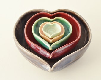 Mothers Day Hearts, In Stock, Handmade Heart Nesting Bowls, 5 Heart Bowl Set, Colorful Nesting Dishes, Ring Dishes, Home Decor,