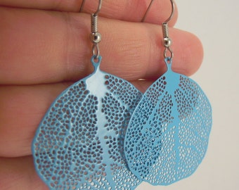 Blue Medium Smooth Round Leaf Skeleton Earrings - Light Blue Earrings -Woodland Jewelry - Leaf Skeleton Jewelry - Gift under 20