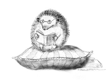 PRINT Hedgie with Books SKETCH