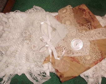 Collection of antique fabrics & trims~collages, books, crafting projects