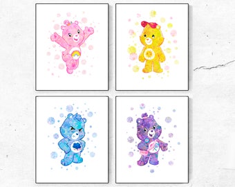 Care Bears Print, Care Bears Poster, Watercolor Care Bears, Cheer Bear, Grumpy Bear, Harmony Bear, Funshine Bear, kids room decor, nursery