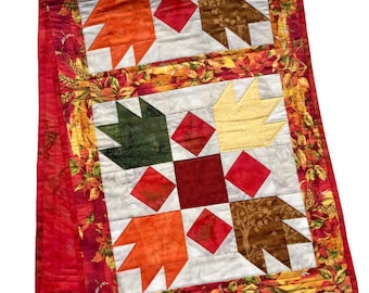 Fall Quilted Table Runner Green, Red, Brown and Yellow, Quilted Fall or Autumn Table Decor, Fall Quilted Table Cloth, Quiltsy Handmade