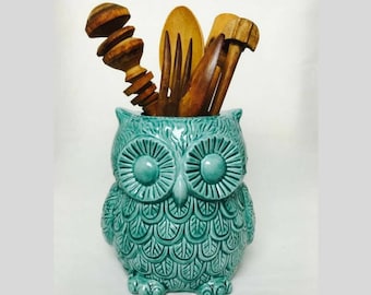 Teal Large utensil crock holder - Flower Vase - Utensil Crock - owl planter - Kitchen organization - Ceramic utensil holder - Wedding gift