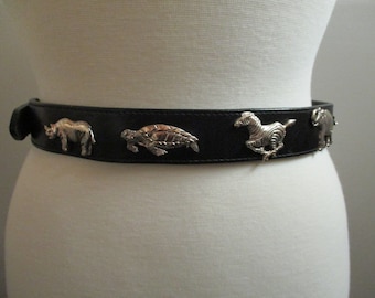 Vintage Black Leather Belt with Silver Animals, Safari Belt, Size 30