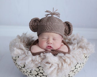 Crochet Baby Hat, Baby Monkey Hat, Baby Animal Hat, Baby Photo Prop, Baby Coming Home Hat, Baby Boy Hat, Newborn Girl Hat, Brown Baby Hat