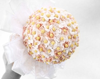 White and pale pink wedding bouquet bridal bouquet hand crochet small daisy flowers