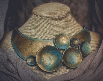 Asymmetrical Statement necklace Bib necklace polymer clay necklace gold blue necklace patina necklace choker necklace geometry necklace