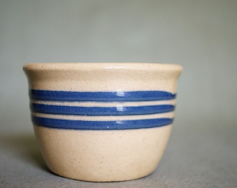 Vintage Small Yellowware Bowl Blue Stripe Yellow Ware Salt Cellar Farmhouse Kitchen