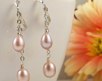 Pink Pearl Teardrops on Sterling Silver Chain Earrings, Real Freshwater Pearl Jewelry, Long Bridal Earrings