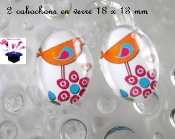2 glass cabochons 18mm x 13mm theme little birds in the Meadow