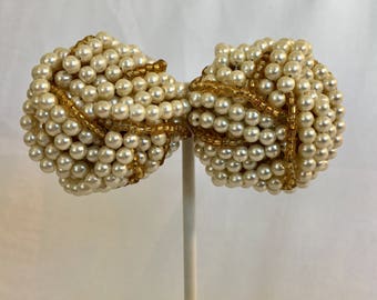 Giant Faux Pearl and Gold Seed Bead Love Knot Cluster Bead Vintage Clip Earrings