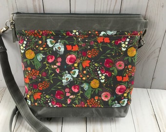 Grey crossbody bag, waxed canvas bag, floral crossbody bag