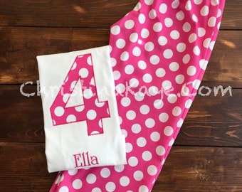 Custom name and number Girls pink polka dot birthday pajamas