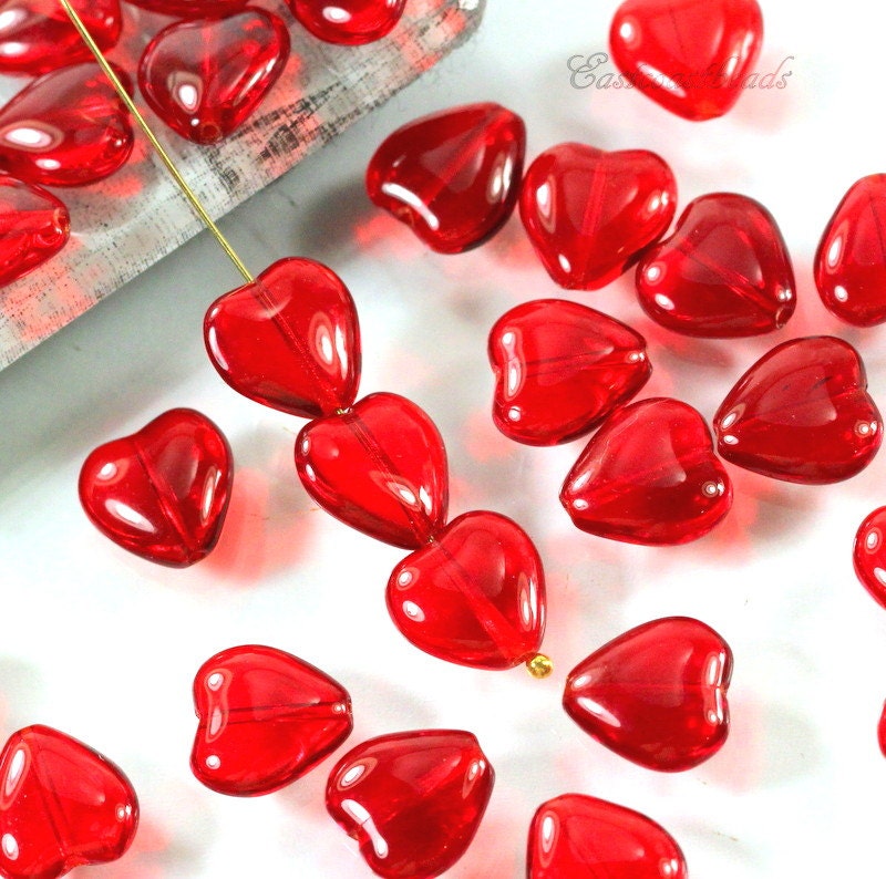 Red Heart Beads 12 mm Transparent Puffed Red Heart Beads