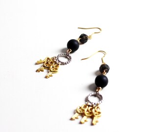 Earrings golden key and black balls