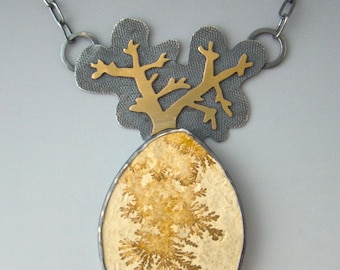 Dendrite Limestone Sterling Silver 22 Karat Gold Growth Pendant Necklace Tree Fractal Branch