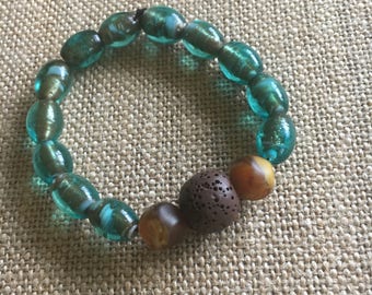 Glass teal beads and lava stone essential oil diffuser bracelet
