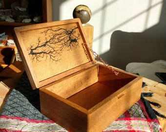 Handmade Solid Wood Box with hinge lid - Lichtenberg Figure Wooden Box - Keepsake Box - Jewelry Box - wood box with lid