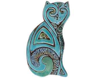 Ceramic cat // Cat sculpture // Cat Wall art // Ceramic art // Cat ornament // Deco cat left // 26cm // Turquoise