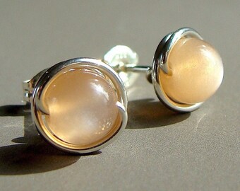 8mm Peach Moonstone Post Earrings in Sterling Silver Stud Earrings Moonstone Studs