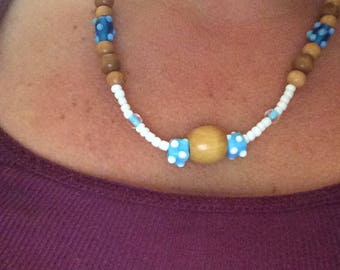 Blue/white/clear wood and glass necklace