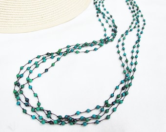 Bead Necklace - Multi Strand 4mm Chrysocolla Bead Long Necklace