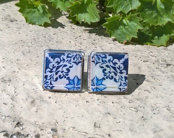 Portugal antique tiles, Lisbon streets tiles, tile stud earrings, Bertrand tiles, Portuguese tiles, azulejos, Portugal, Portuguese jewelry