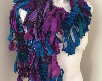 sale Silk scarf purple blues, Recycled silk hand knitted boho tattered rag scarf