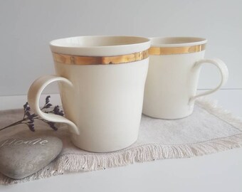 Large white porcelain mug with gold luster band. White ceramic mug. Gold and white handmade mug. Porcelain mug. Large mug. Gold and white.