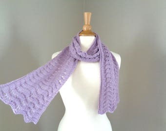 Hand Knit Scarf, Lavender Purple, Baby Alpaca, Scallop Lace, Light Weight Lacy Wrap Scarf, Elegant Delicate Luxurious Natural Fiber