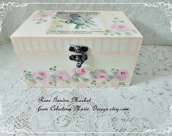 The Modern Priscilla Graphic and Roses on a Wood Keepsake Storage Box, Hand Painted, Spring Compliment, Gift, Collectible, Cottage Decor ECS