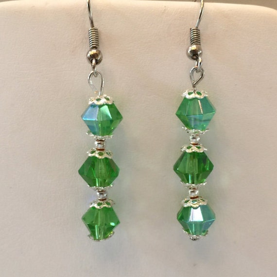 Light Green Aurora Boralis Crystal Beaded Silver Tone Pierced