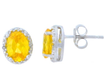 14Kt White Gold Citrine & Diamond Oval Stud Earrings