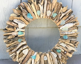 10" Maine Driftwood Wreath with Sea Glass - Beach Decor - Maine Decor - Driftwood Wall Art - Driftwood Art - Beach Decor
