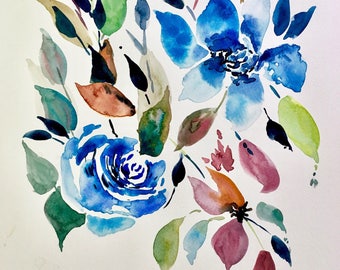 Watercolour Wildflowers and Blue Roses