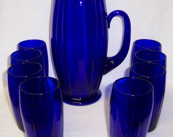 New Martinsville Elegant Glass Cobalt Blue OSCAR Water Pitcher Set with Eight Glasses