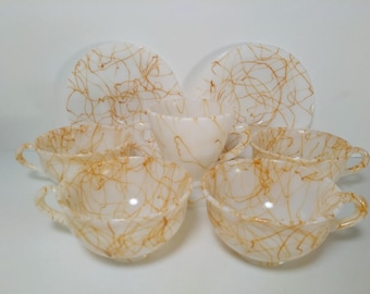 Hazel Atlas Golden Spaghetti String Drizzle Tea Cups,Saucers,and Sugar Dish